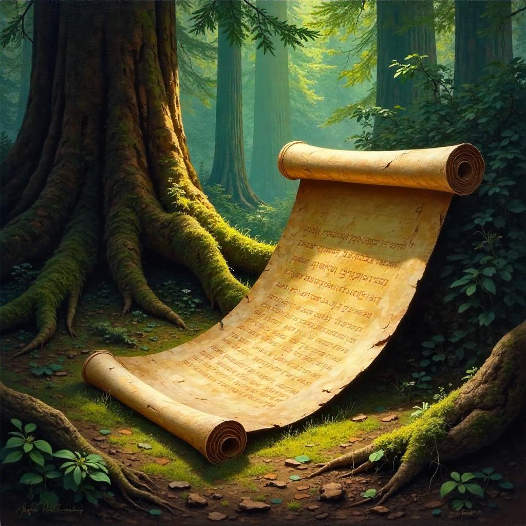 Ancient Scroll in a Redwood Forest — Oil Painting