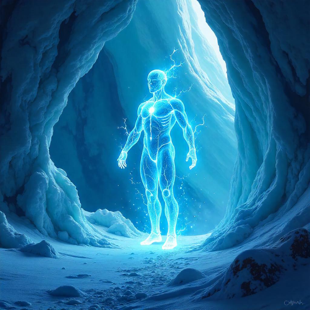 Energetic Energy Being in a Shimmering Ice Cave