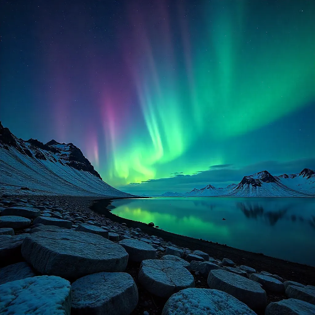 Aurora Lights over Iceland's Silent Night