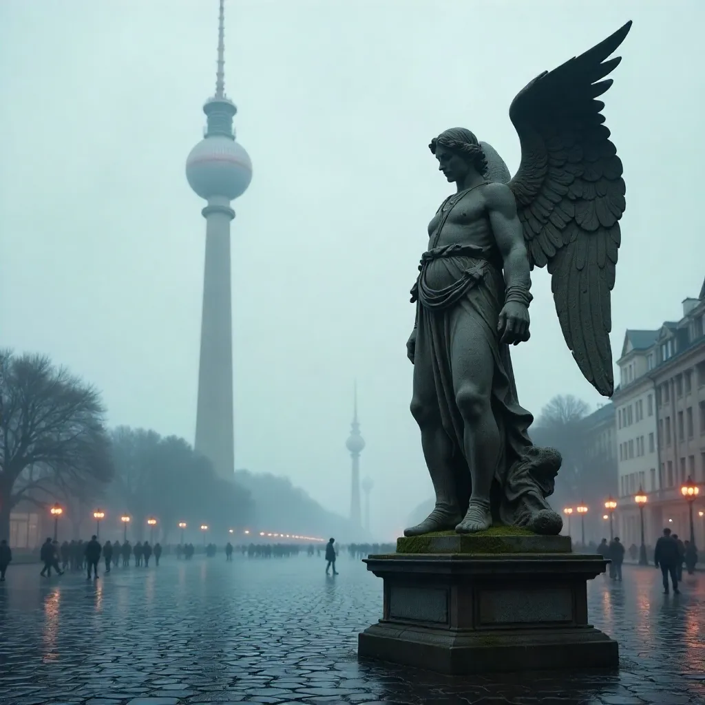 Angel Statue in Berlin with TV Tower Backdrop in Fog