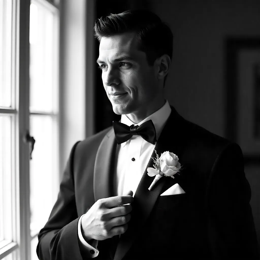 Classic Black-and-White Groom Portrait with Boutonniere