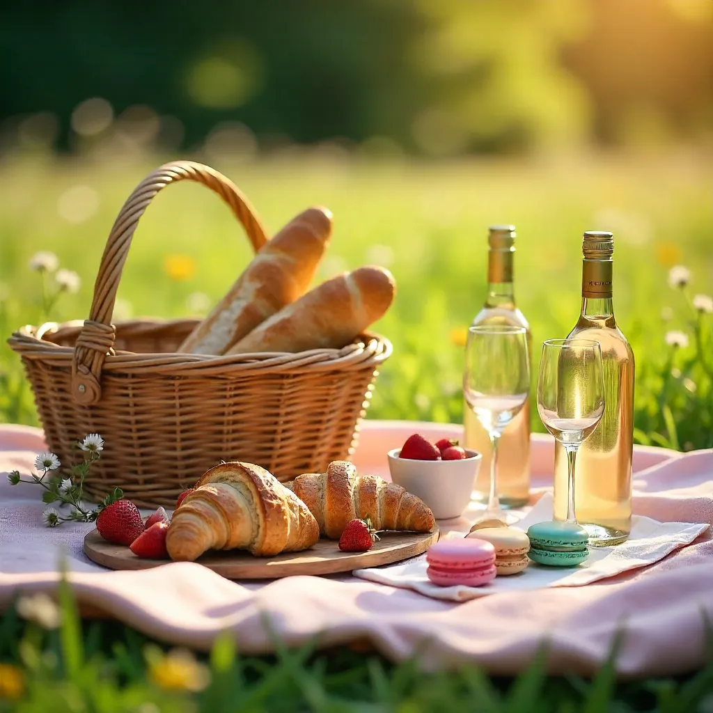 Sunlit Summer Picnic: Baguettes, Strawberries & Macarons