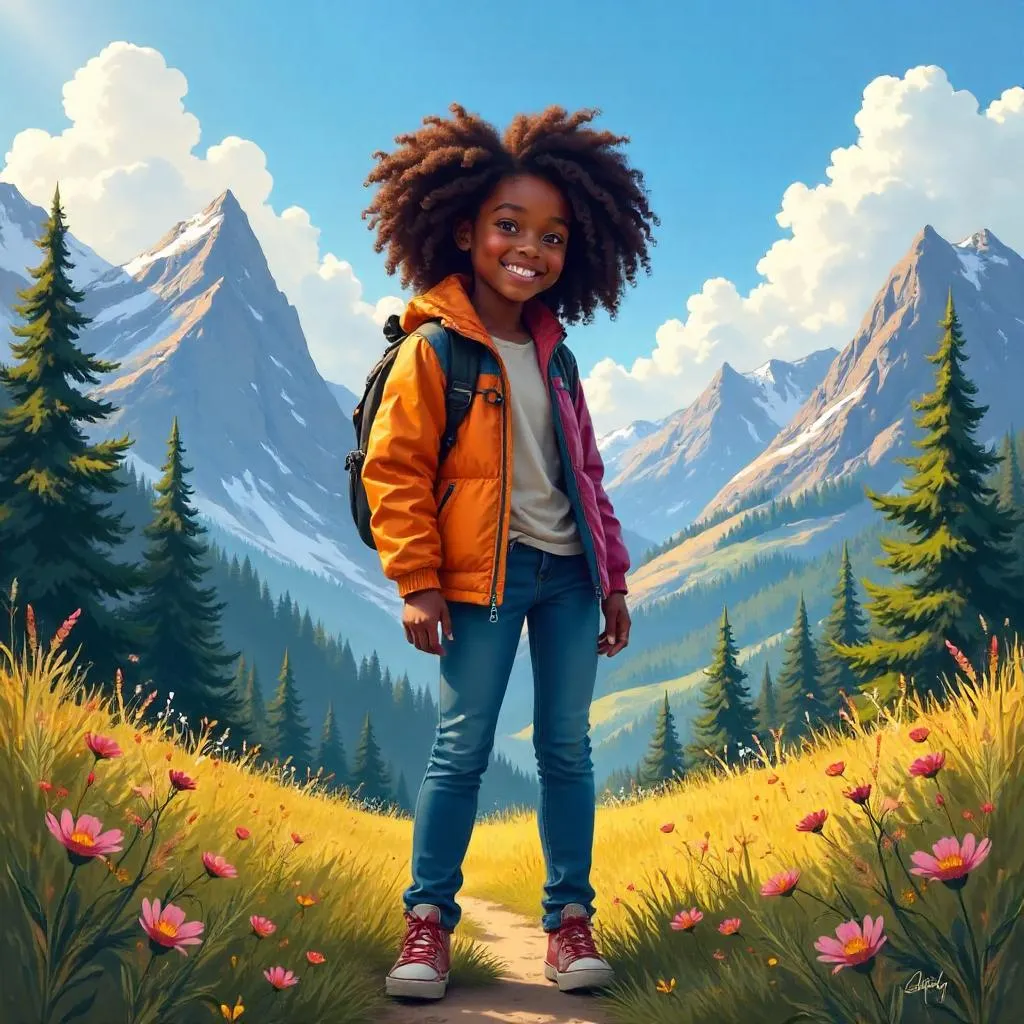 Cheerful Black girl in a mountain landscape — digital art