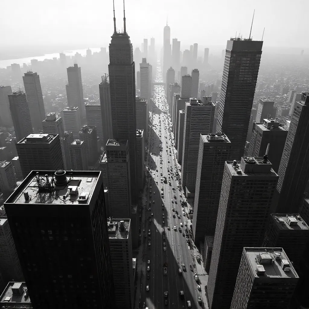 Monochrome Aerial Cityscape: Bustling Skyscrapers