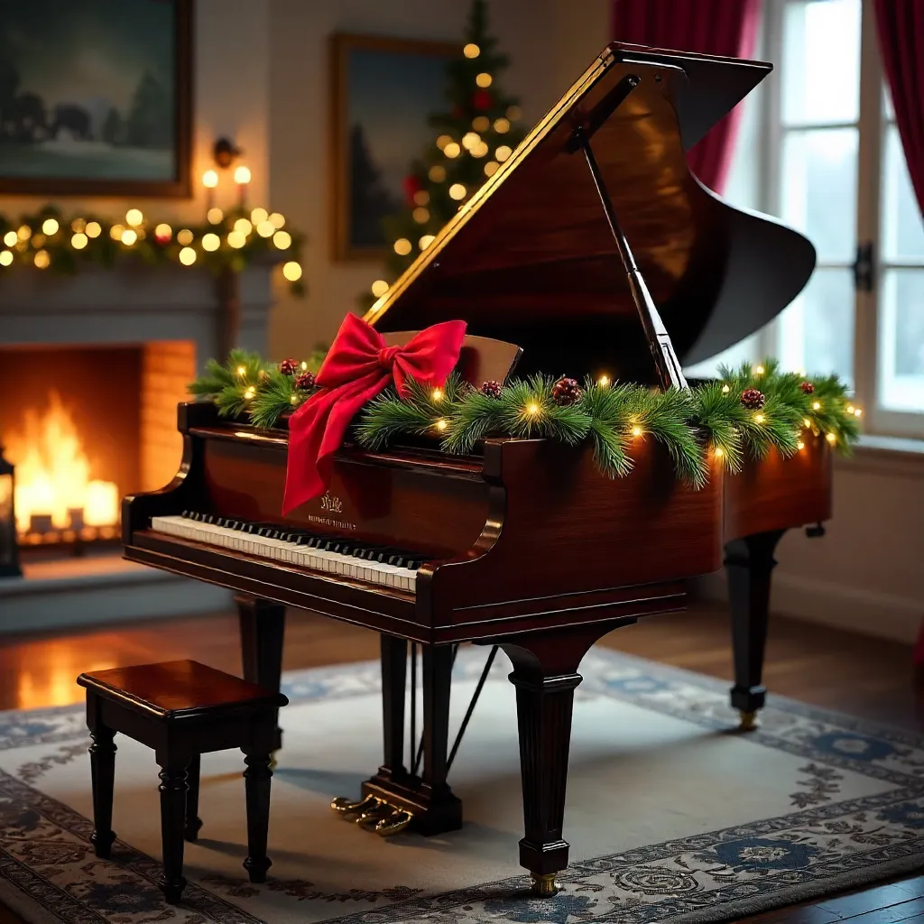 Elegant Grand Piano with Festive Christmas Garland