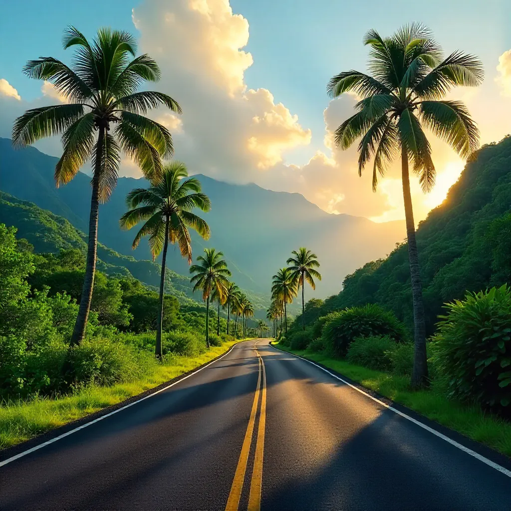 Palm-Lined Hawaii Road Against Misty Mountains