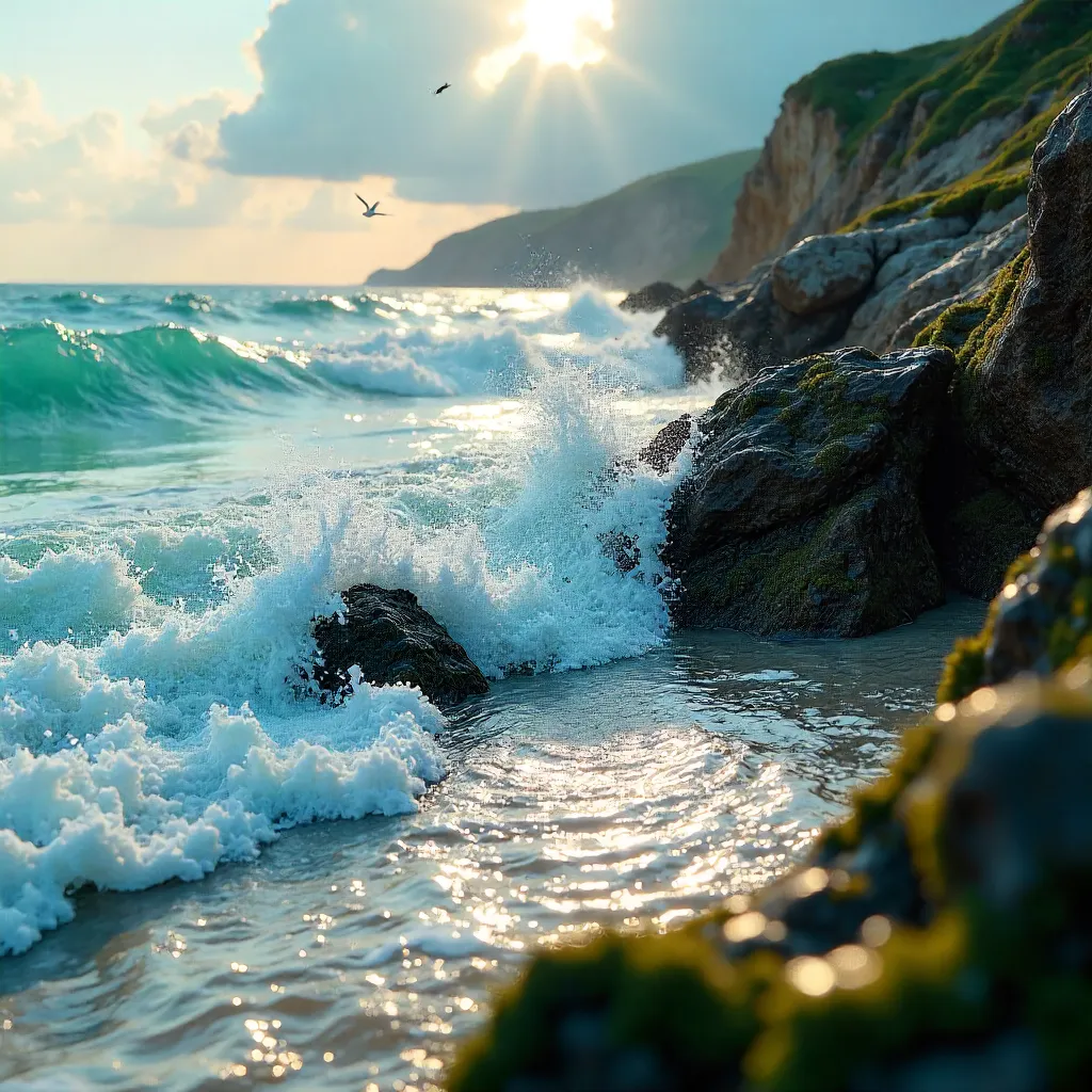 Vibrant Ocean Waves on Moss-Covered Seaside Rocks