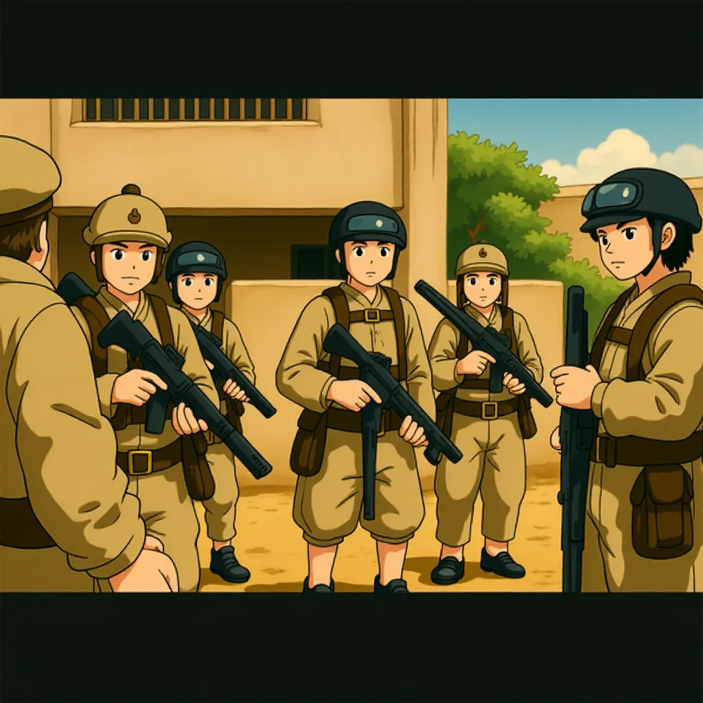 Aaron Mackenzie, Finn Bennett, Laurie Duncan, Charles Melton, and Alex Brockdorff in Warfare (2025) - Ghibli style