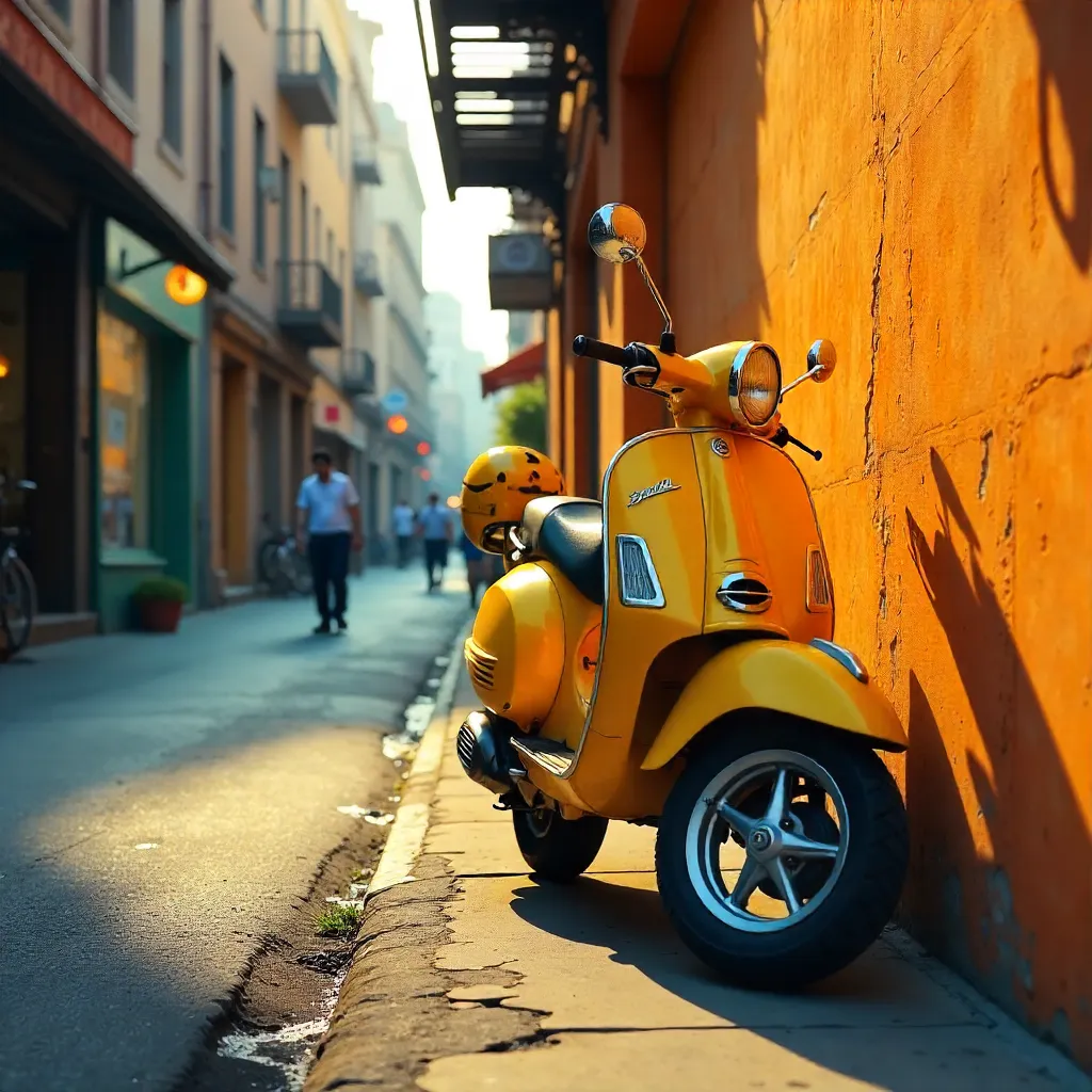 Yellow Scooter by a Vivid Orange City Wall