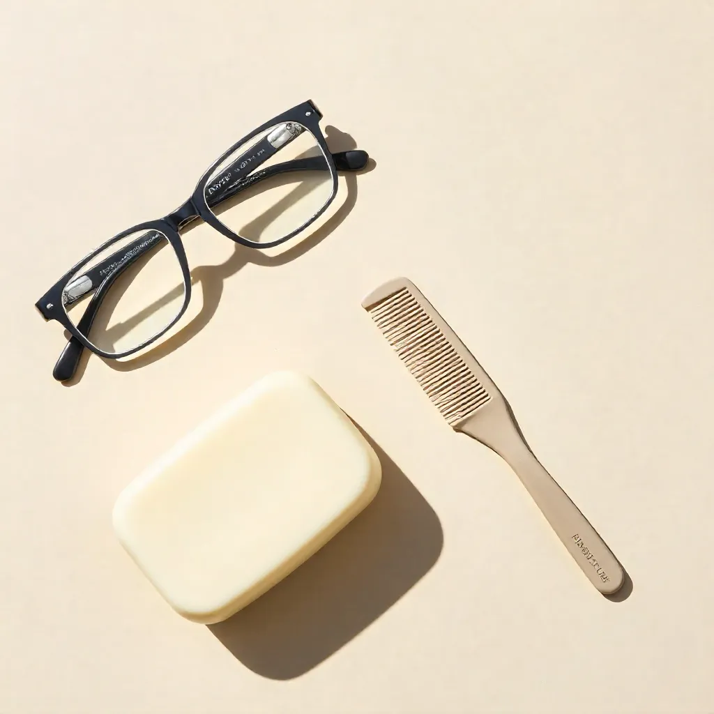 Minimalist Beauty Essentials Flat Lay: Soap, Glasses, Comb