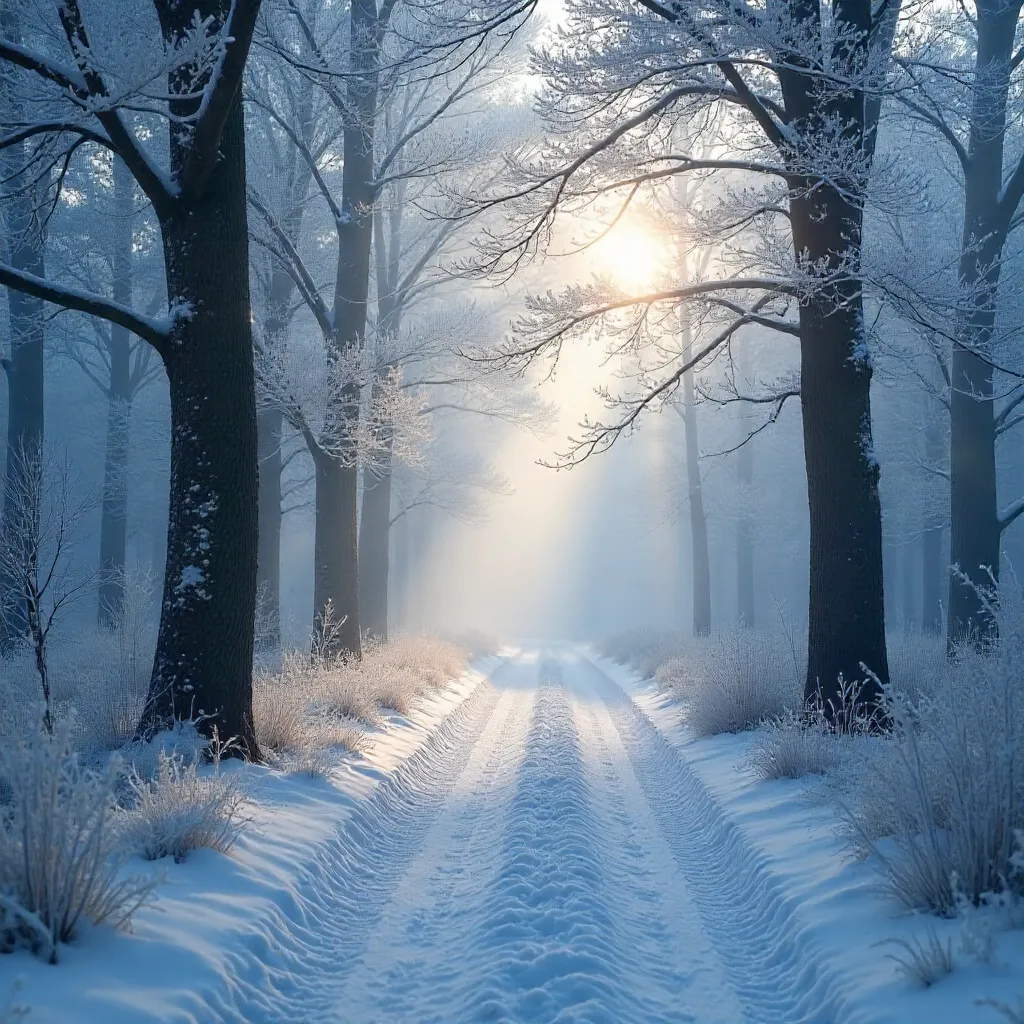 Mist-veiled Frosted Forest Path in Winter