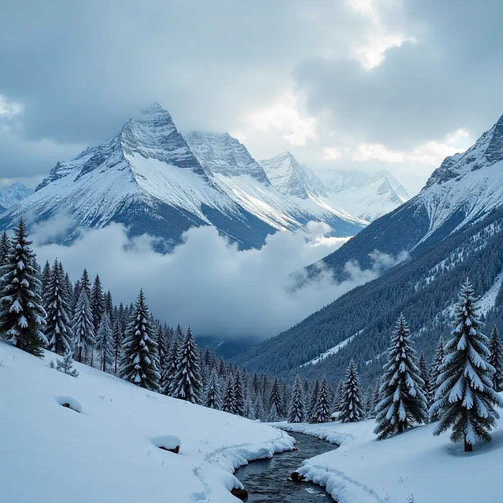 Snowy Peaks Under a Cloudy Sky: A Panoramic View