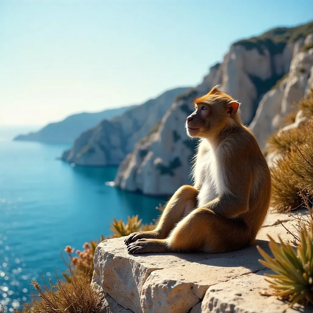 Sunlit Barbary Macaque on Gibraltar Rock