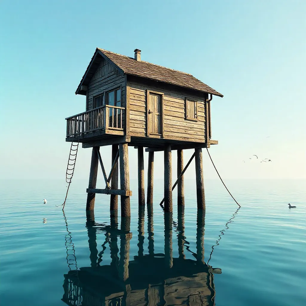 Solitary Stilt House Over a Calm Blue Ocean