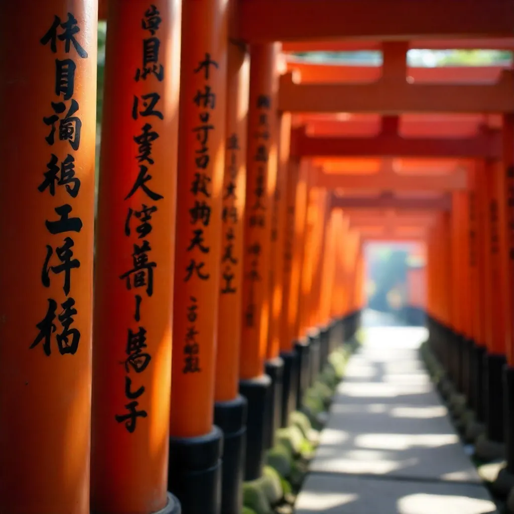 Close-Up Kyoto Red Torii Gates with Calligraphy