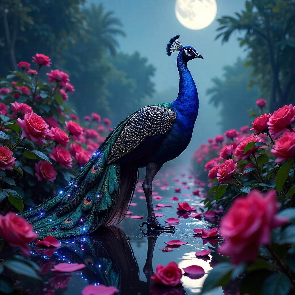 Cyberpunk Peacock in a Neon Rose Garden