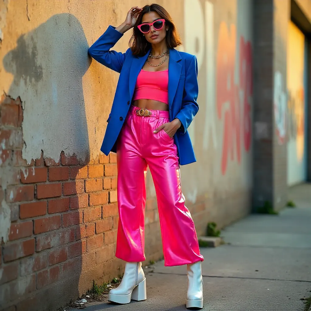 Vibrant Street Style Pose Against Textured Wall