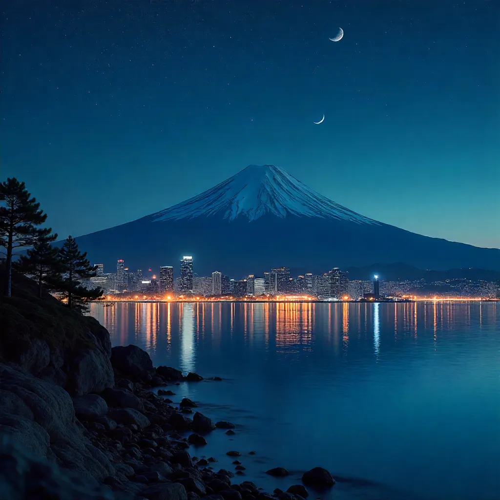Stunning Night View: Mount Fuji over Shizuoka City