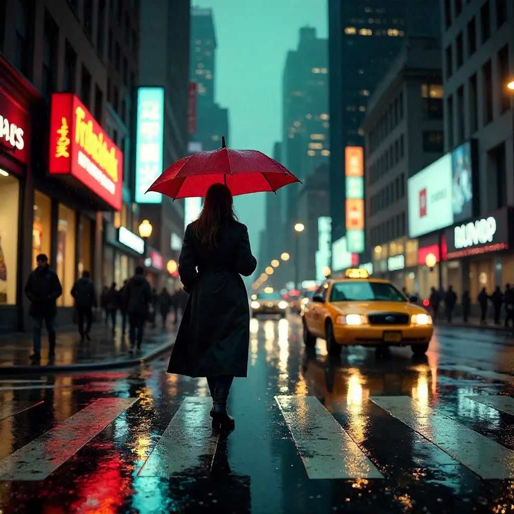 Crossing a Rainy Manhattan Street with Umbrella