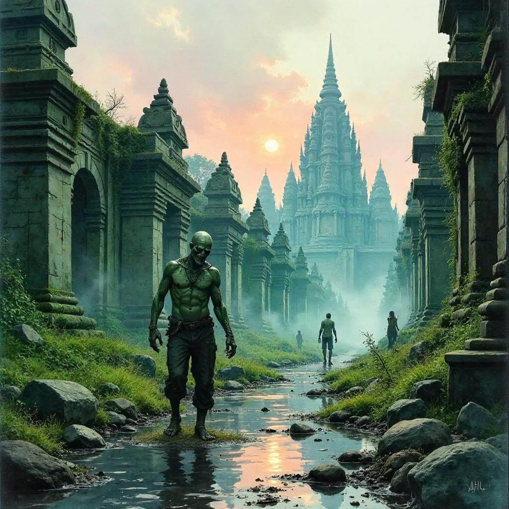 Watercolor Zombie in a Lost City Ruins