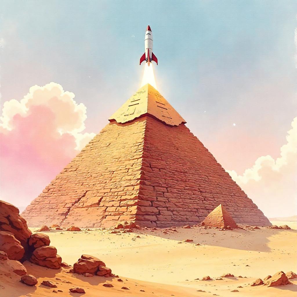 Watercolor Rocket Rising from a Pyramid