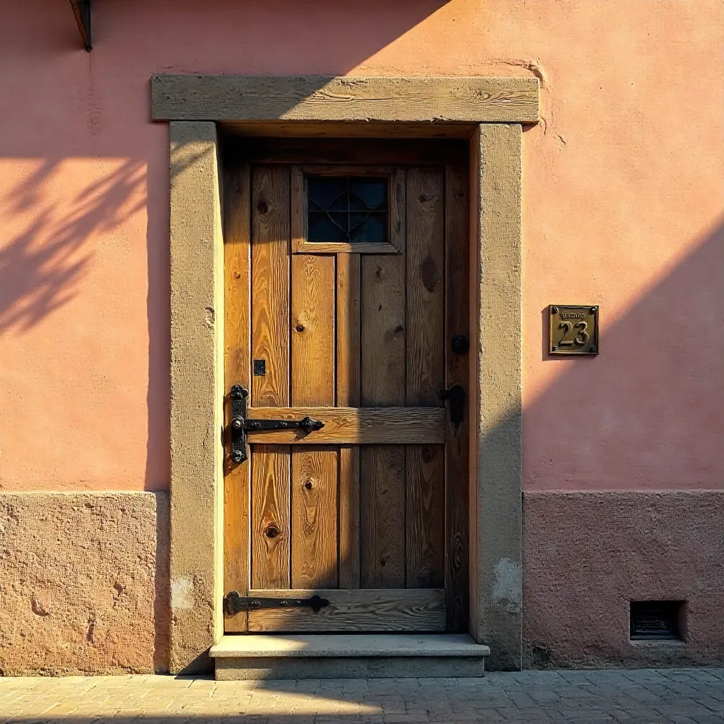 Rustic Pink Door in Plaster Wall with Small Window