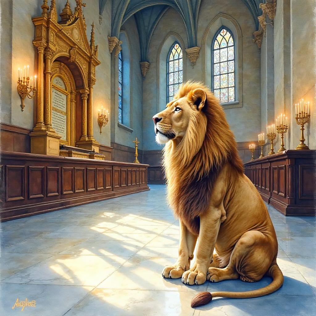 Regal Lion in a Sacred Synagogue — Watercolor