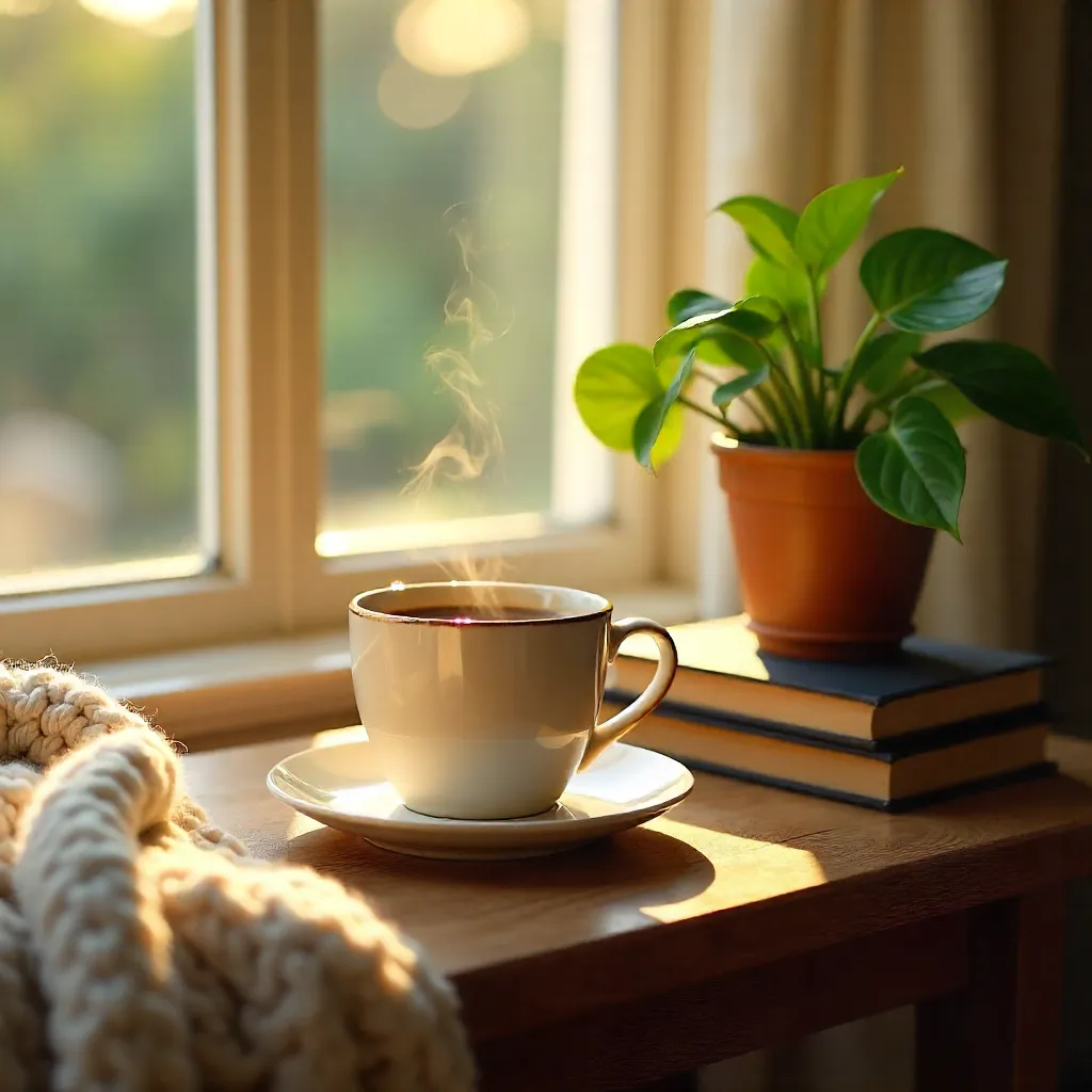 Cozy Table: Coffee, Plant & Books