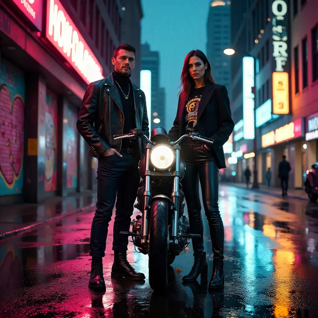 Neon City Riders: A Stylish Duo and Motorcycle