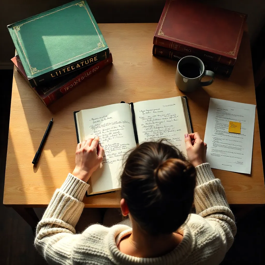 Overhead study scene with English books and diary