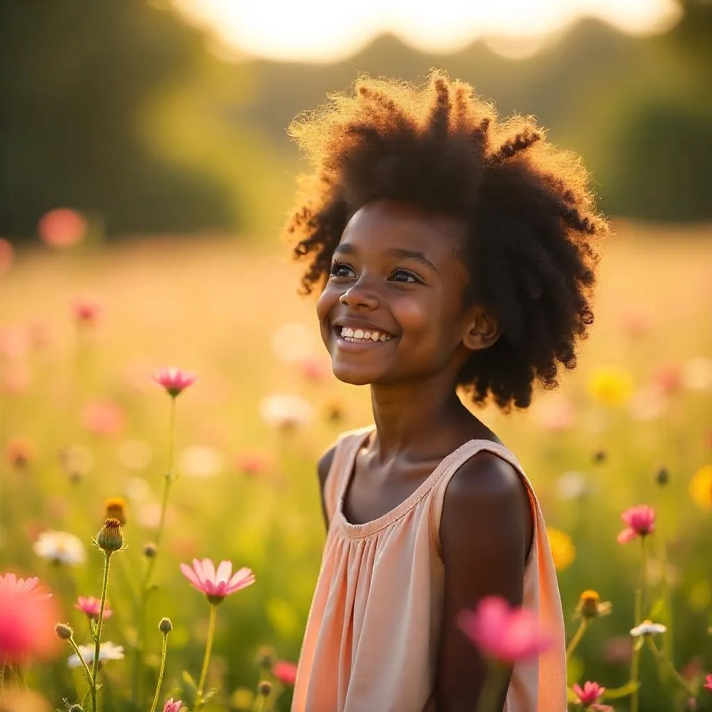 Cheerful Black Girl in a Field of Flowers
