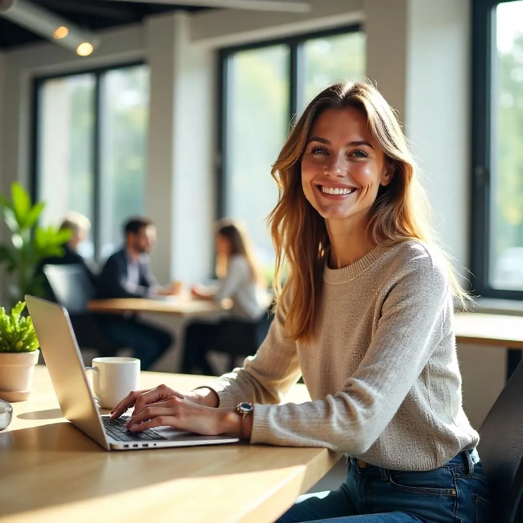Cheerful White Woman in a Modern Coworking Space