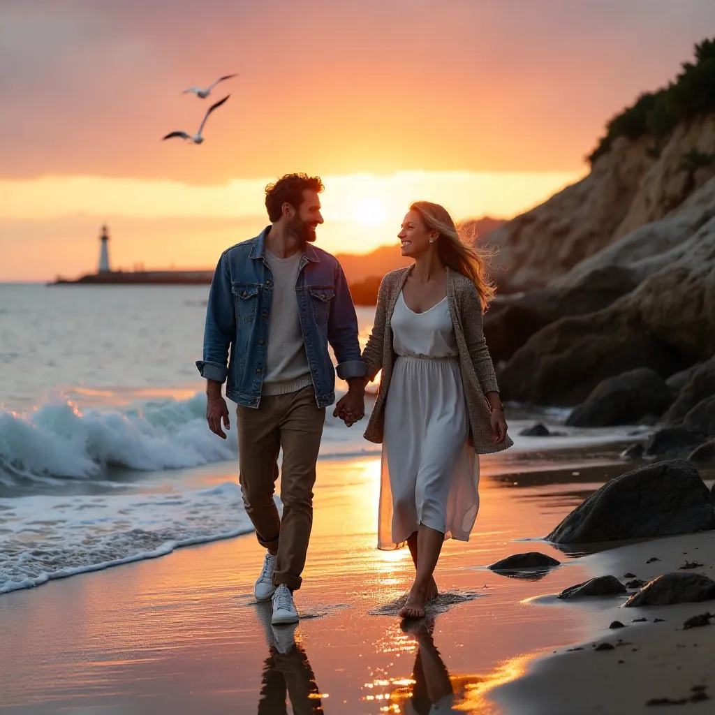 Joyful Couple at Dusk on a Rocky Shore