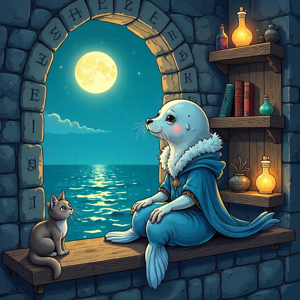 Playful Selkie in a Cartoon Wizard Tower