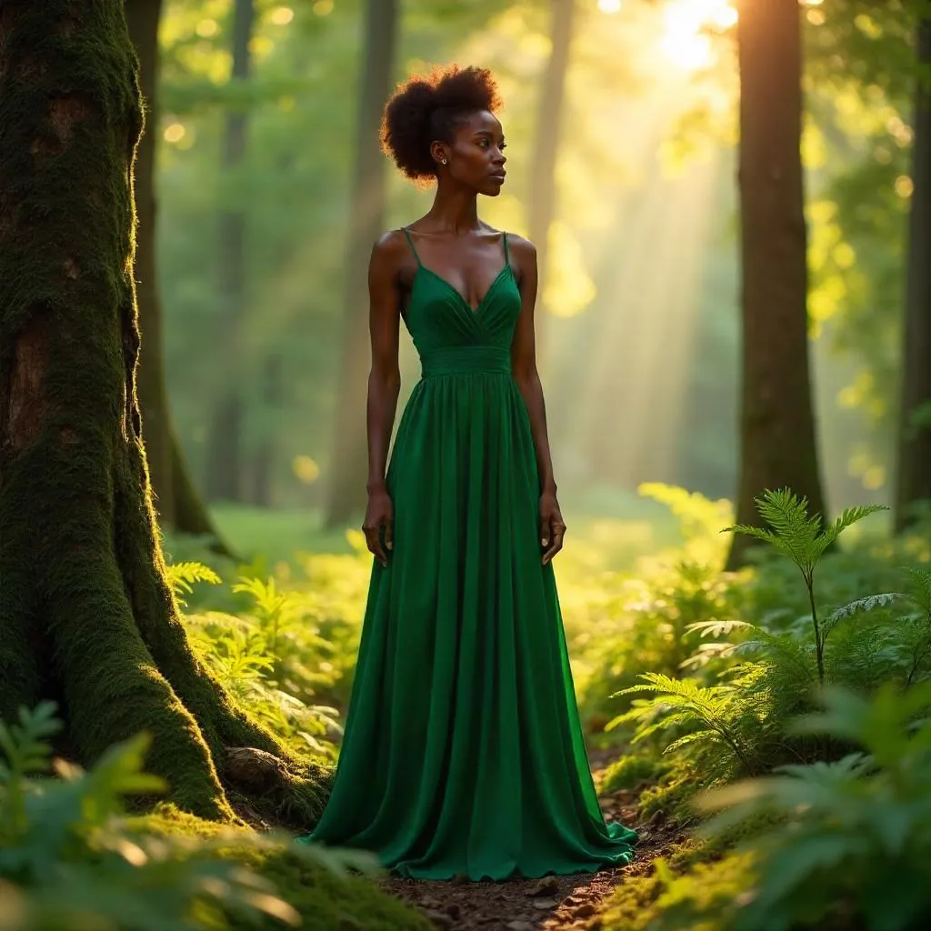 Elegant Black Woman in a Forest — Photorealistic Portrait