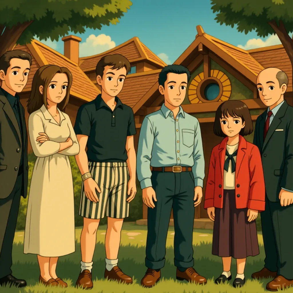 Téa Leoni, Paul Rudd, Jessica Hynes, Will Poulter, Anthony Carrigan, and Jenna Ortega in Death of a Unicorn (2025) - Ghibli style
