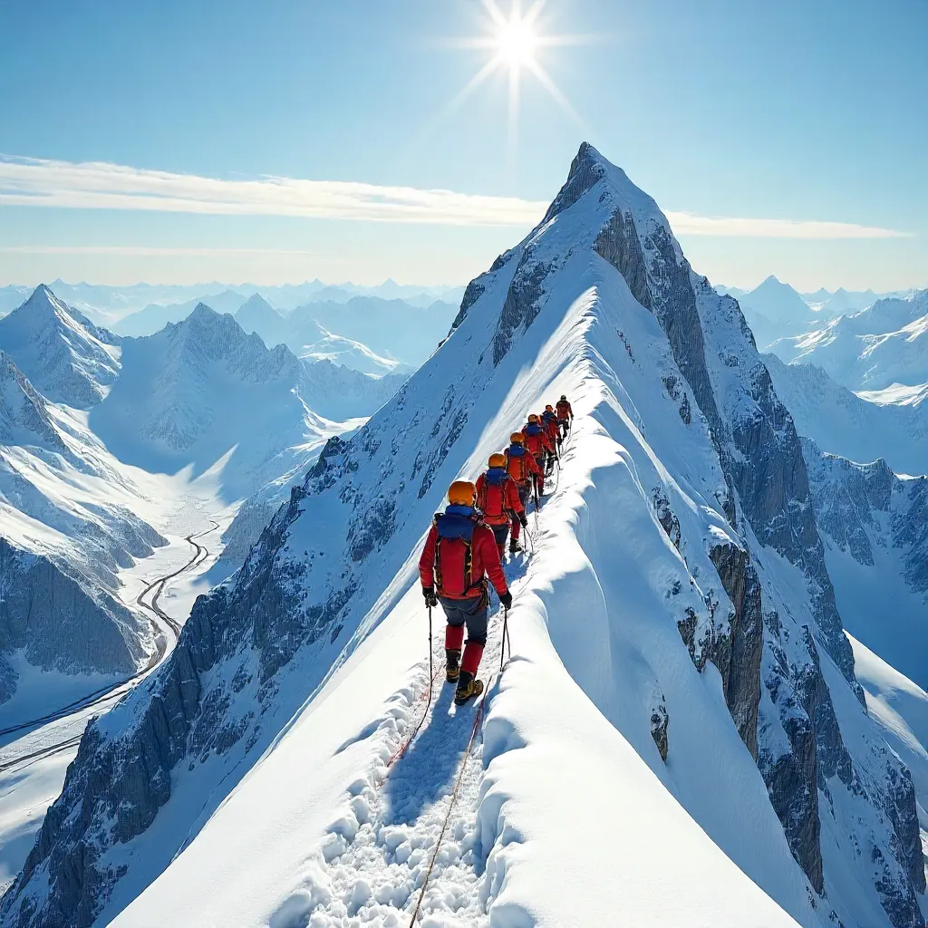 Alpinists Crossing the Snowy Aiguille du Midi Ridge