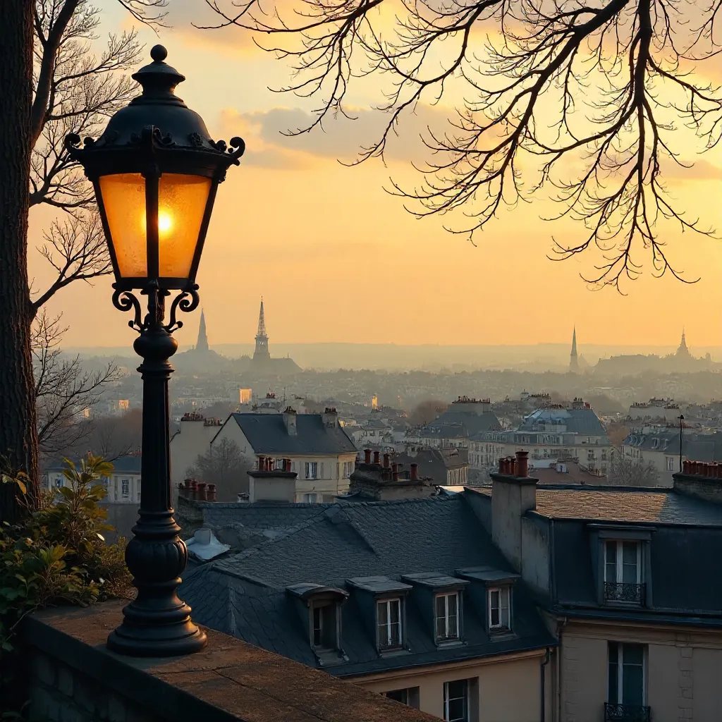 Montmartre Rooftops: Lamp, Branches, Sunset View