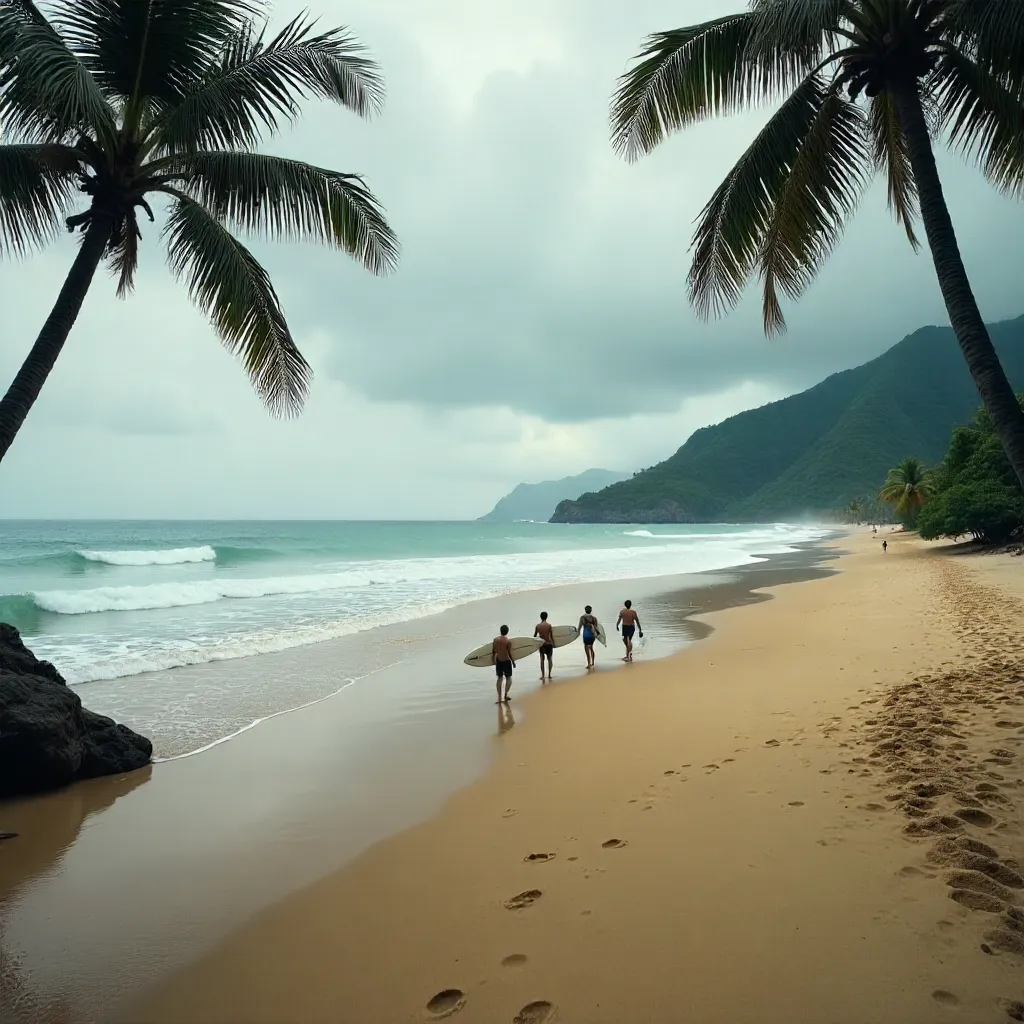 Calm Bali Beach: Surfers Heading to Cloudy Waves