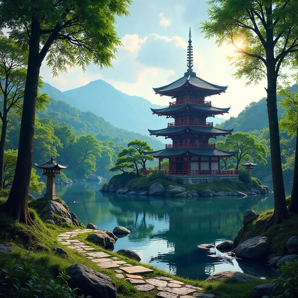 Kyoto Serenity: Forested Landscape and Pagoda under a Clear Sky