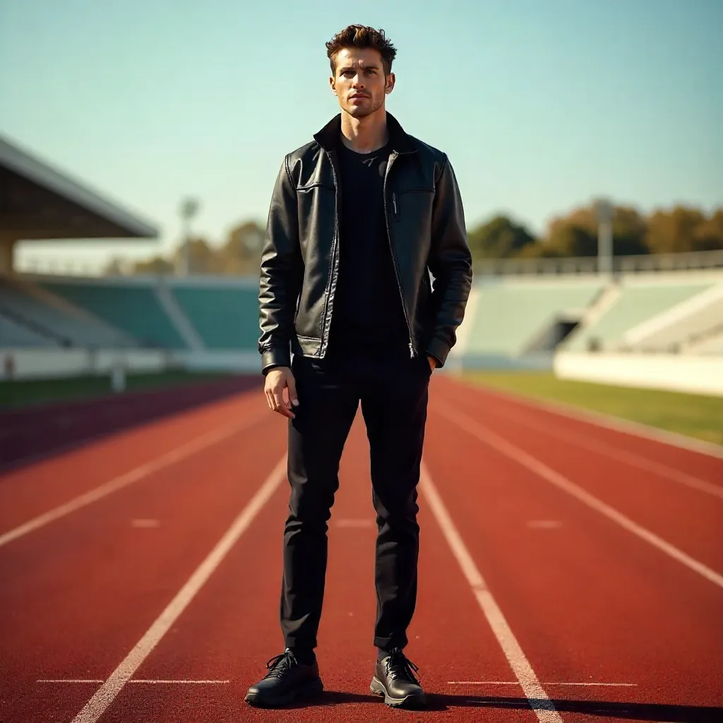 Confident Man in Black on a Red Outdoor Track