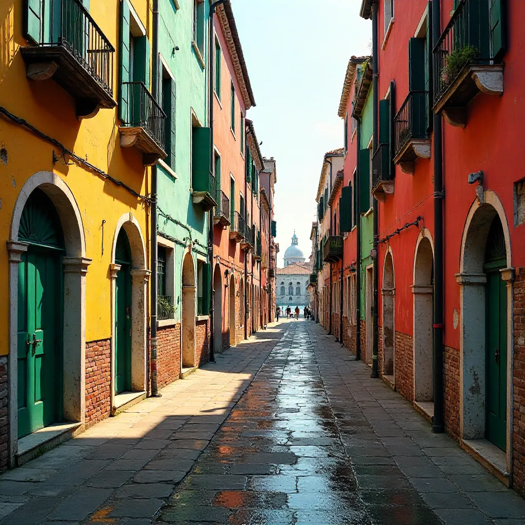 Vibrant Venetian Alleyway with Colorful Facades