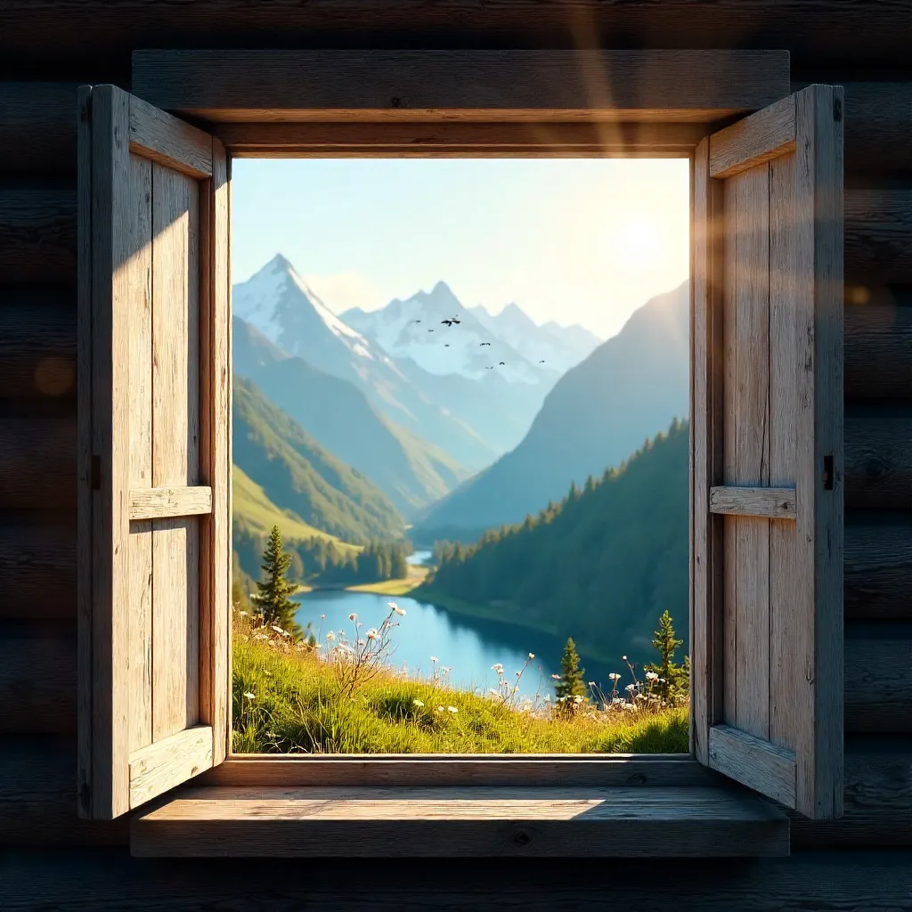 Tranquil Mountain View Through Rustic Window