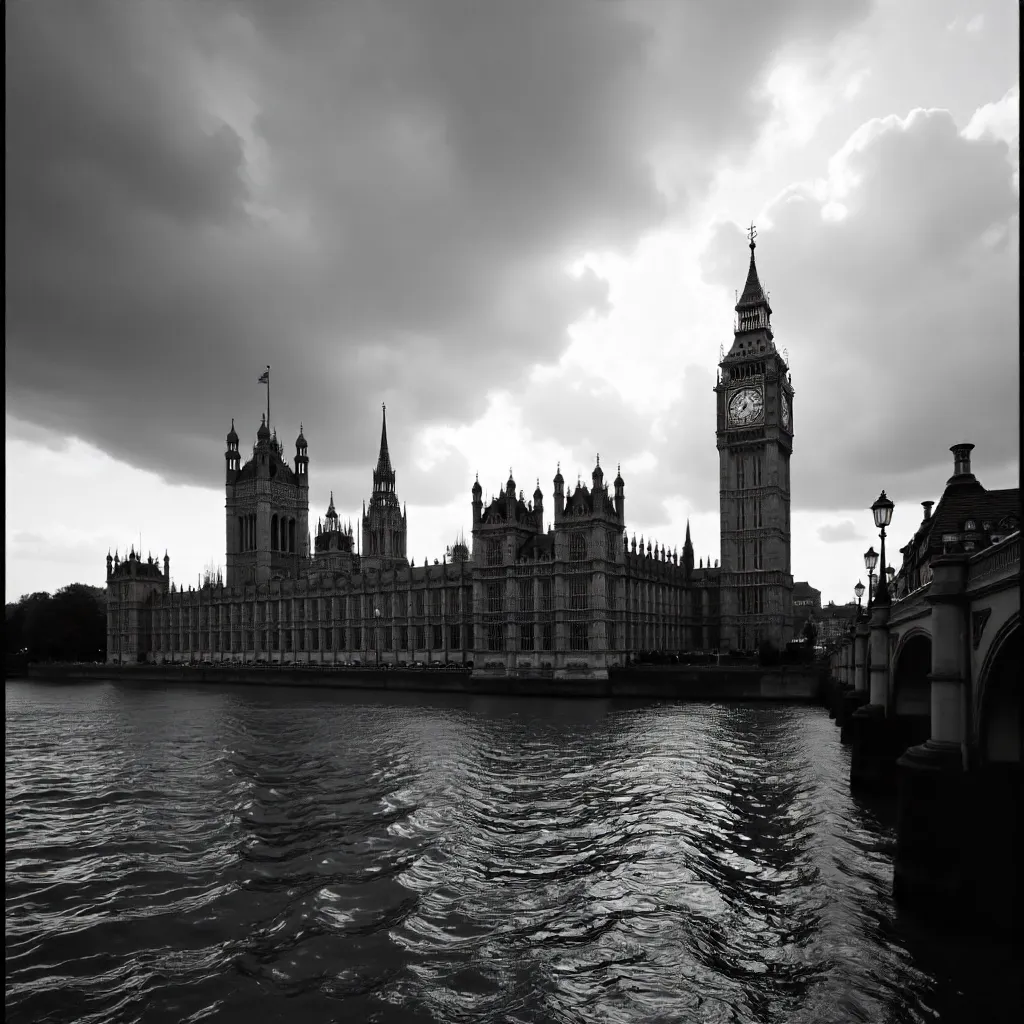 Monochrome Westminster: Big Ben and Parliament under Clouds