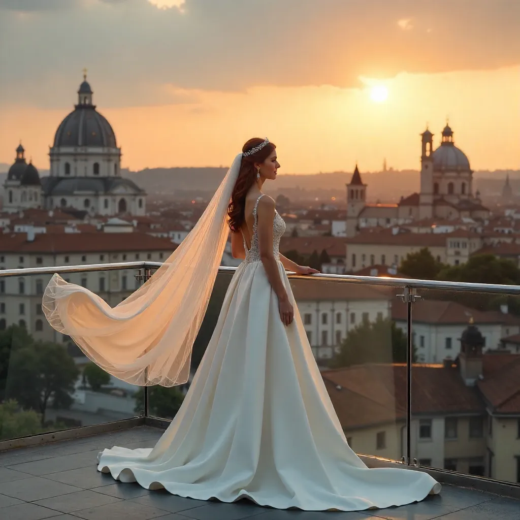 Bride on Rooftop Over Historic City Skyline