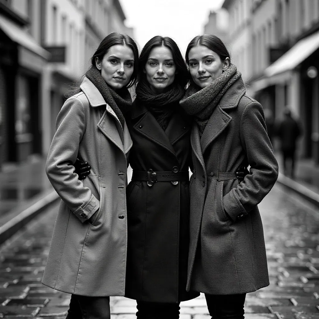 Grayscale Fashion Friends Embrace in Stylish Coats
