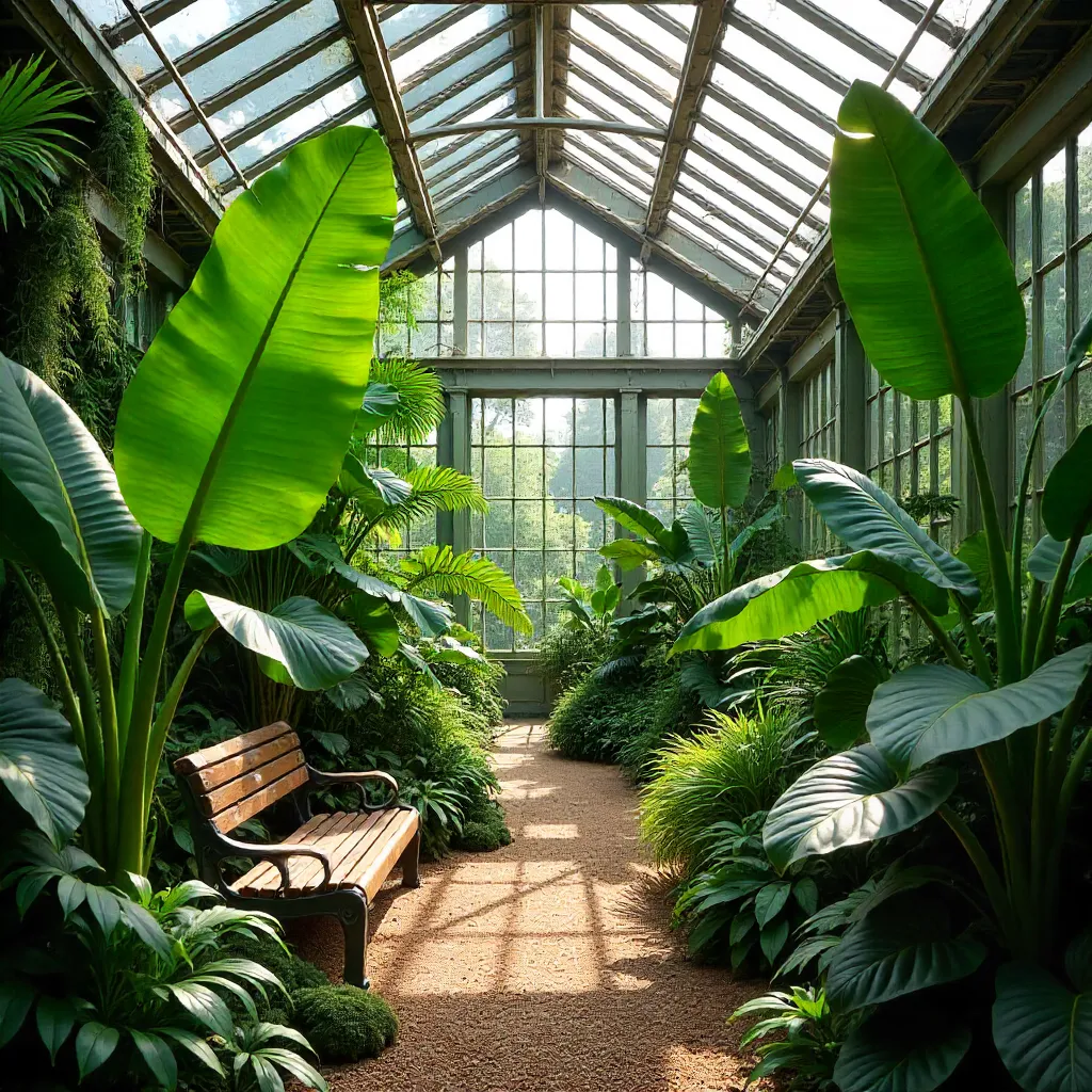 Dense Tropical Foliage in a Bright Greenhouse