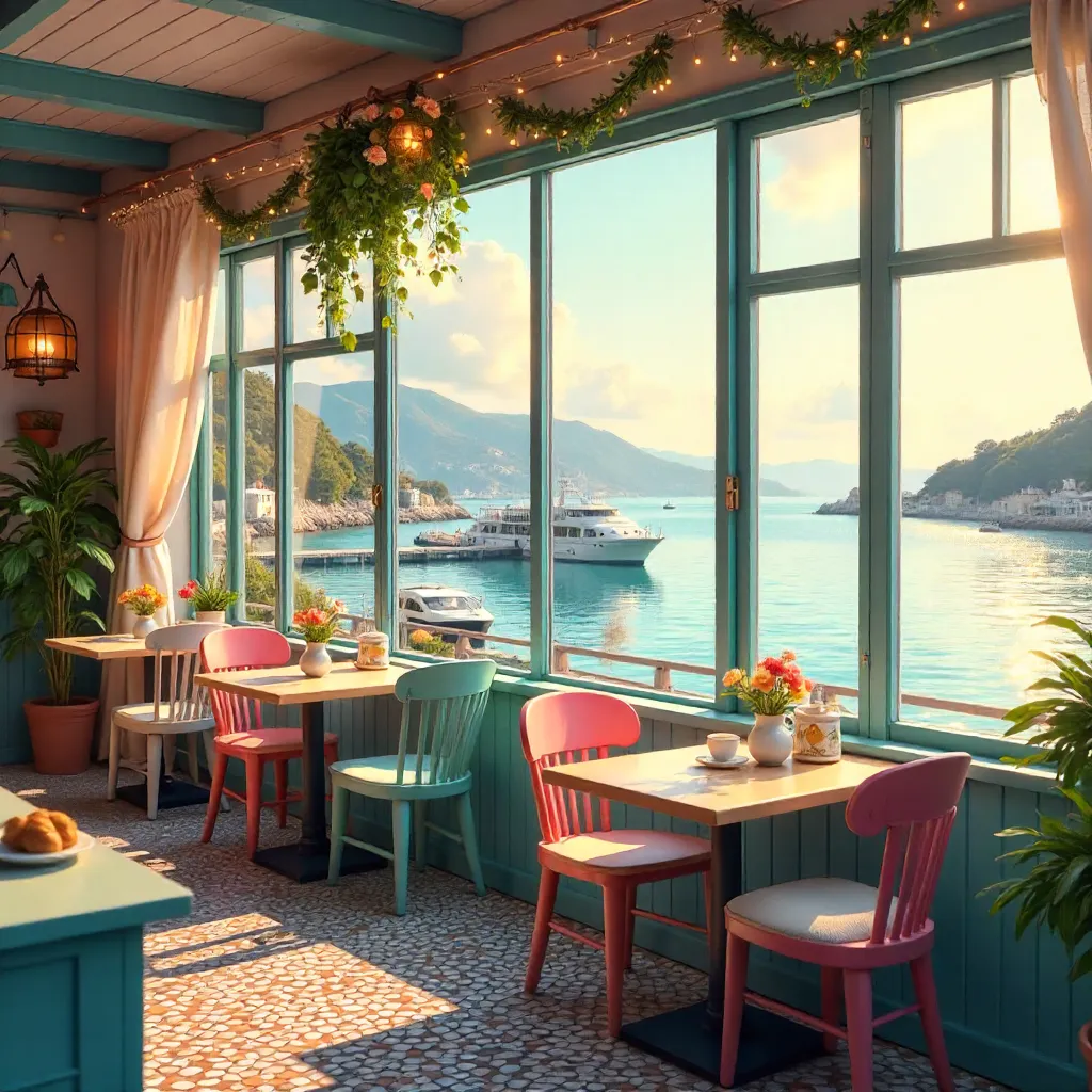 Charming Waterfront Cafe: Colorful Decor and Serenity