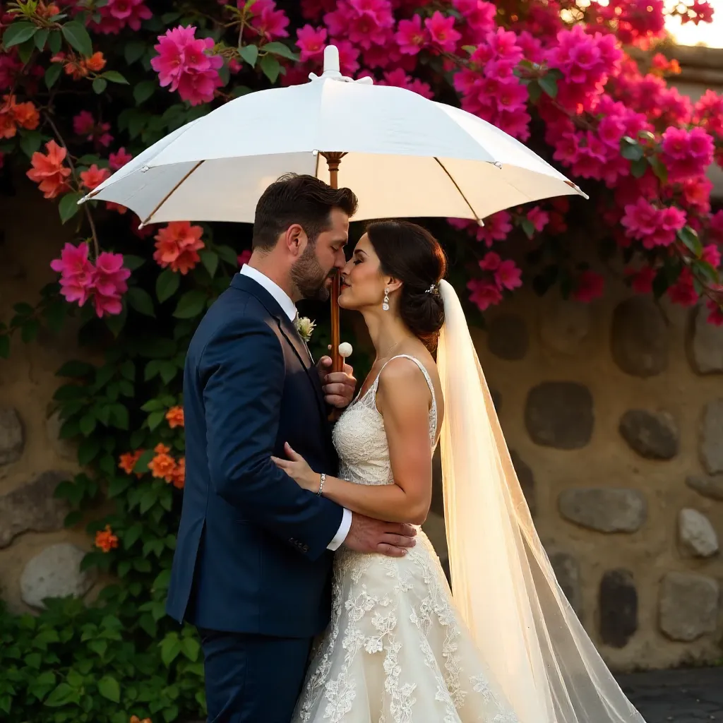 Romantic Umbrella Moment Under Bougainvillea Backdrop