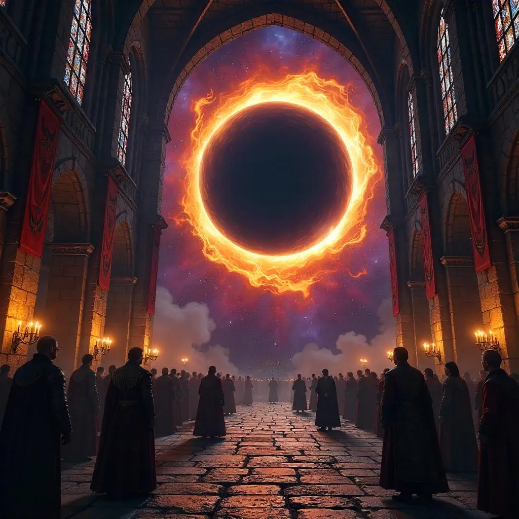 Photorealistic Black Hole in a Medieval Castle Hall